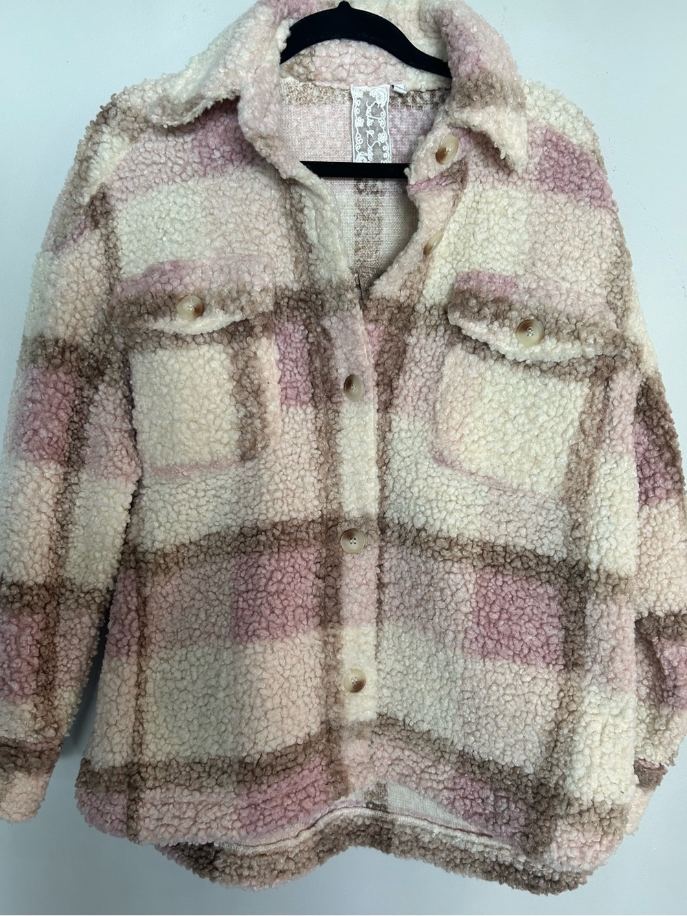 Sadie & Sage Pink and Cream Plaid Teddy Sherpa Jacket